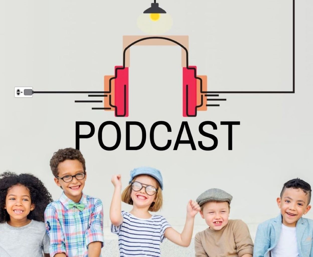 Podcast graphic with children and headphones