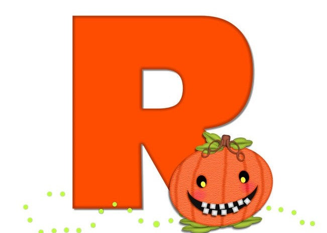 Letter R with smiling pumpkin illustration
