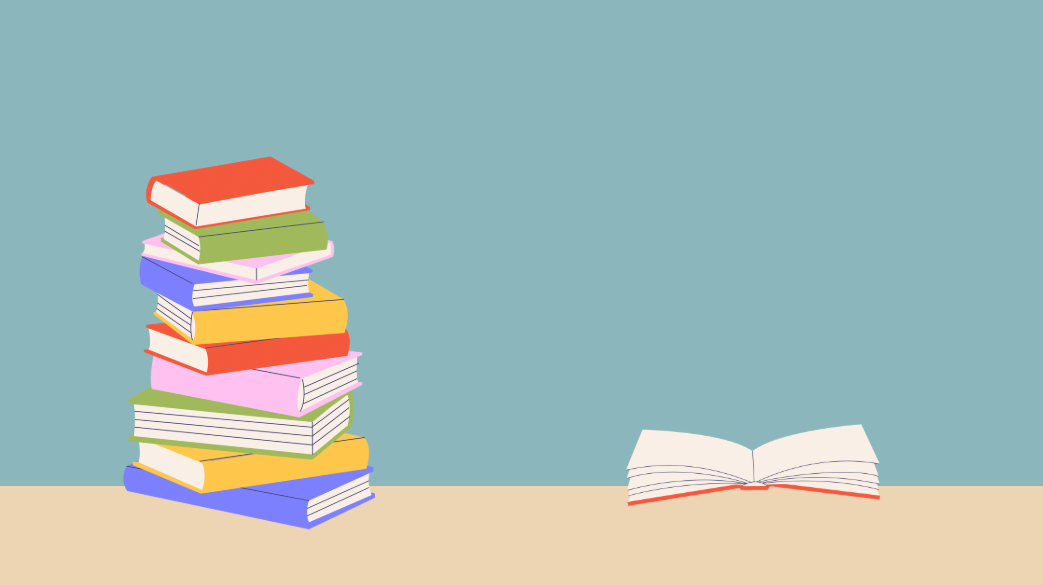 Books and audios illustration with stacked books and an open book