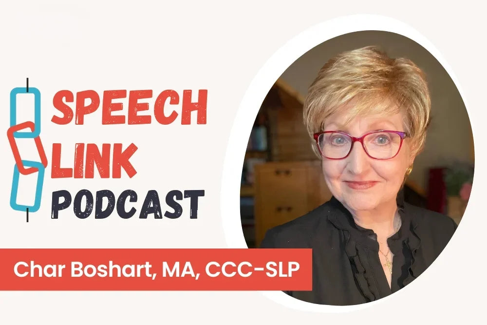 The Speech Link Podcast logo and portrait of Char Boshart