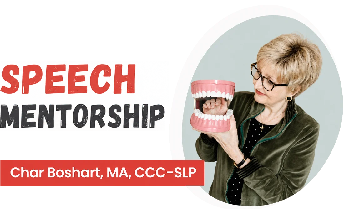 Speech mentorship graphic with Char Boshart holding a dental model