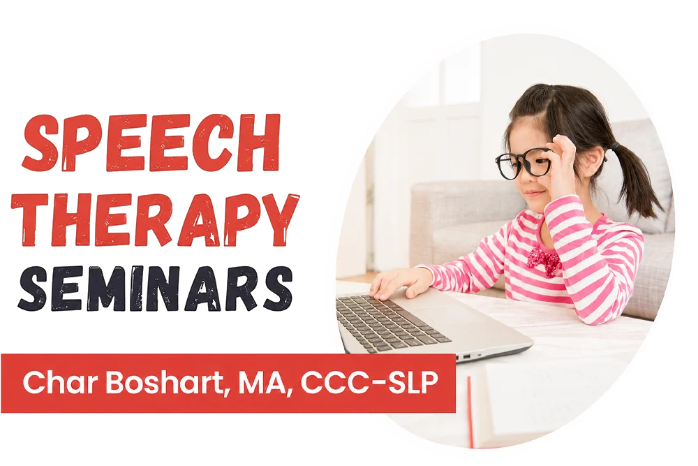 Speech therapy seminars graphic with Char Boshart and child at laptop