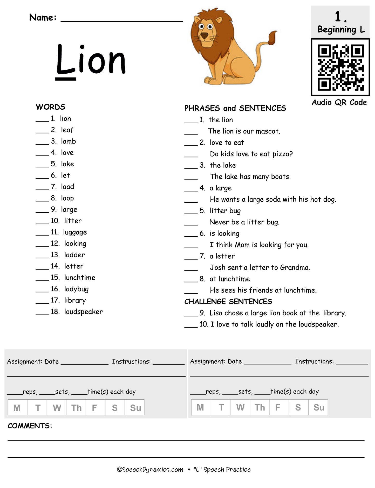 L Speech Practice lion practice list page
