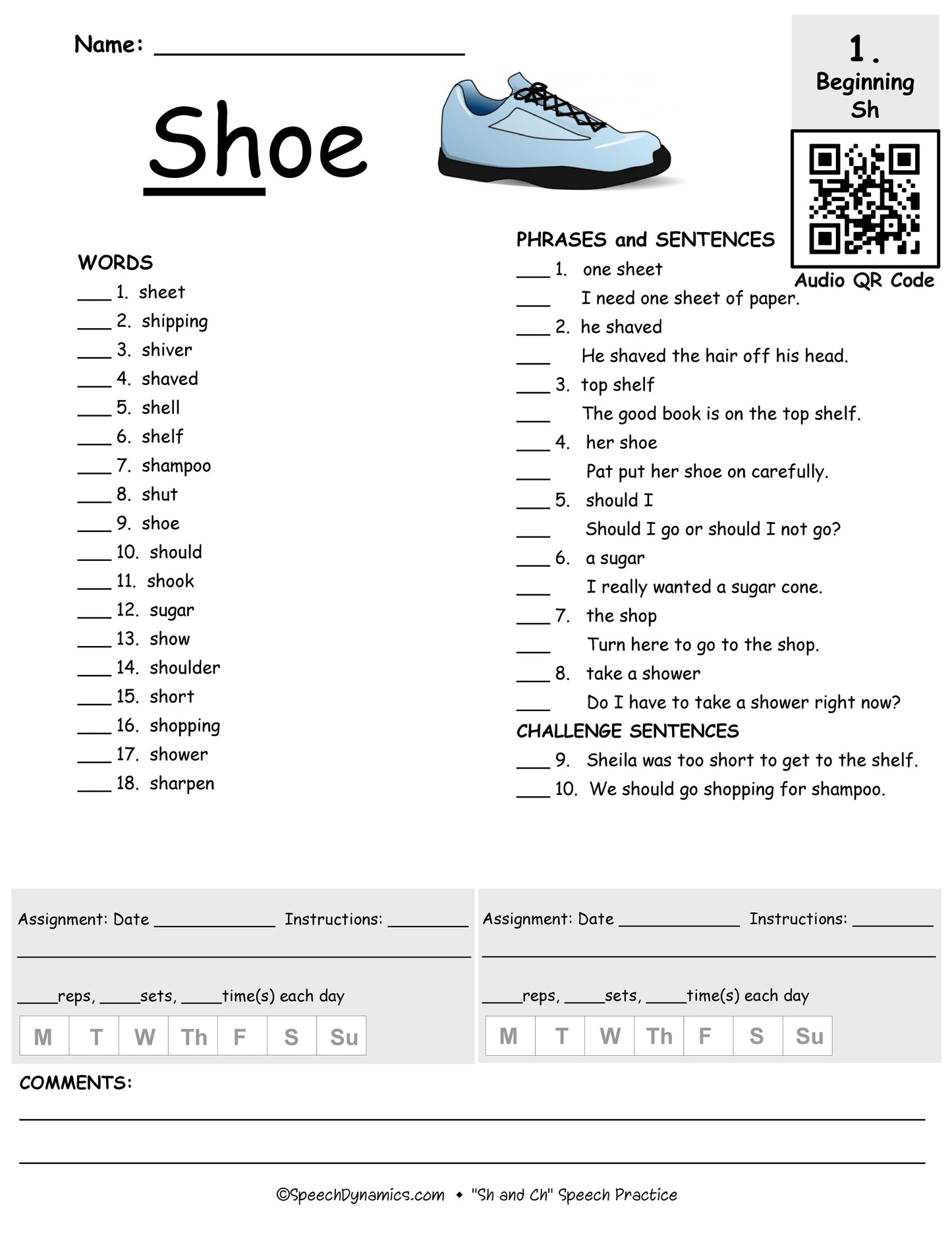 Sh and Ch Speech Practice shoe practice list page