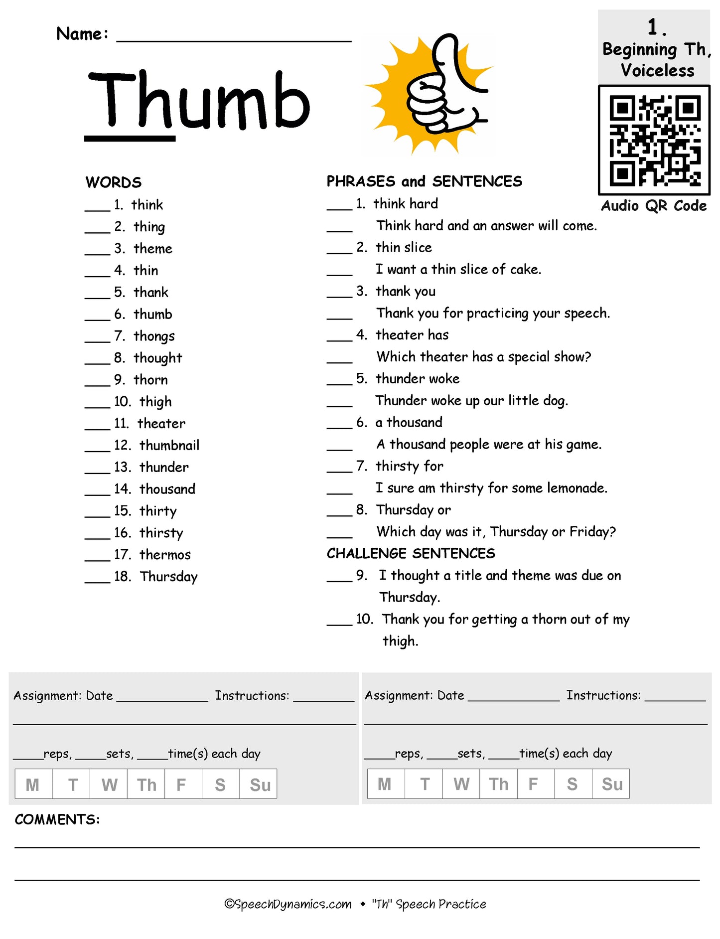 Th Speech Practice thumb practice lesson worksheet