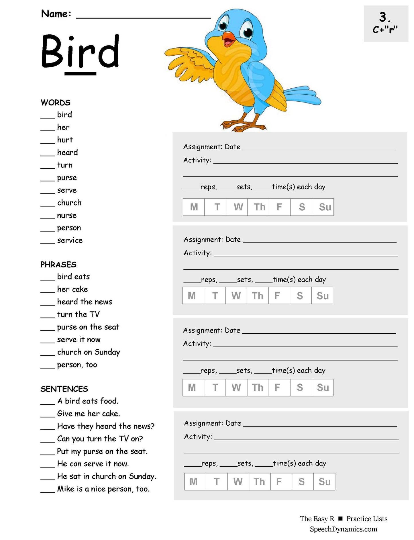 The Easy R Therapy Program practice list worksheet