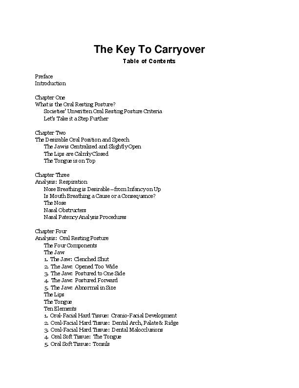 The Key to Carryover: Change Oral Postures table of contents page