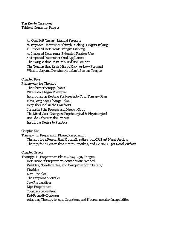 The Key to Carryover: Change Oral Postures table of contents page
