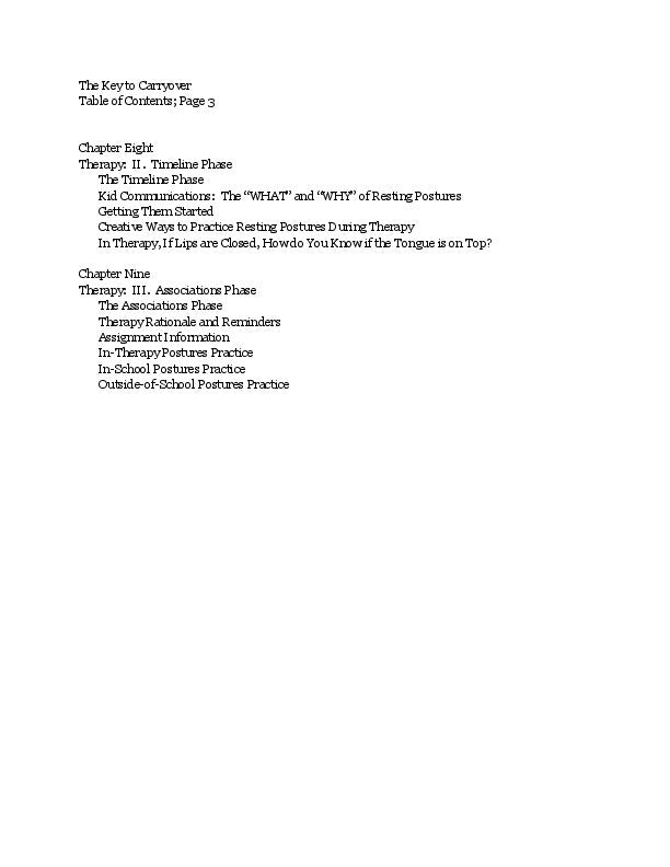 The Key to Carryover: Change Oral Postures table of contents page