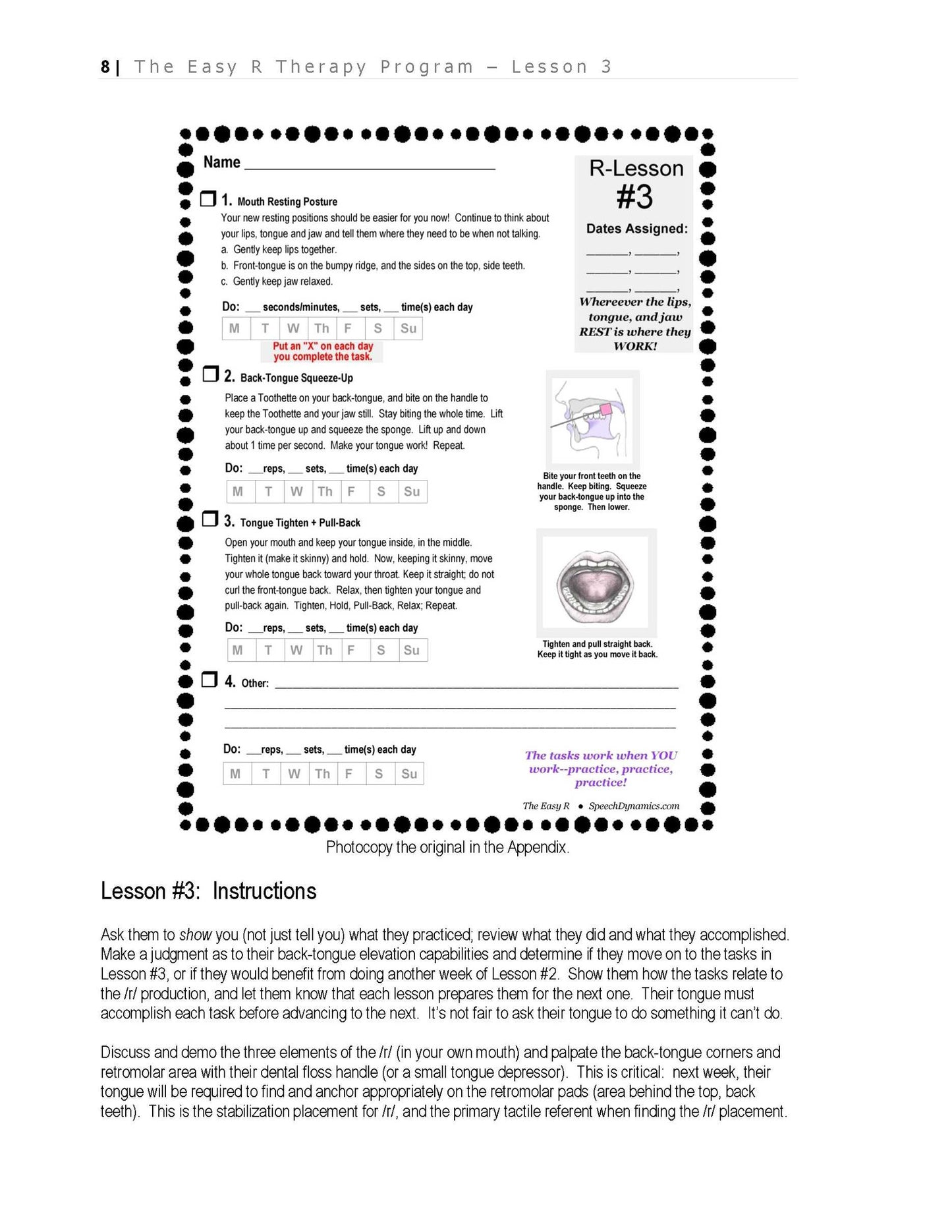The Easy R Therapy Program instruction page
