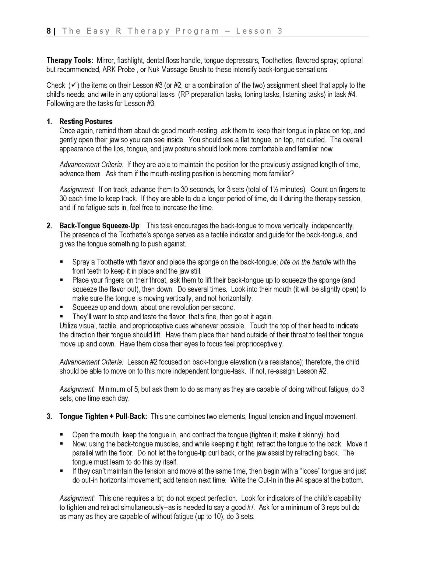 The Easy R Therapy Program instruction page