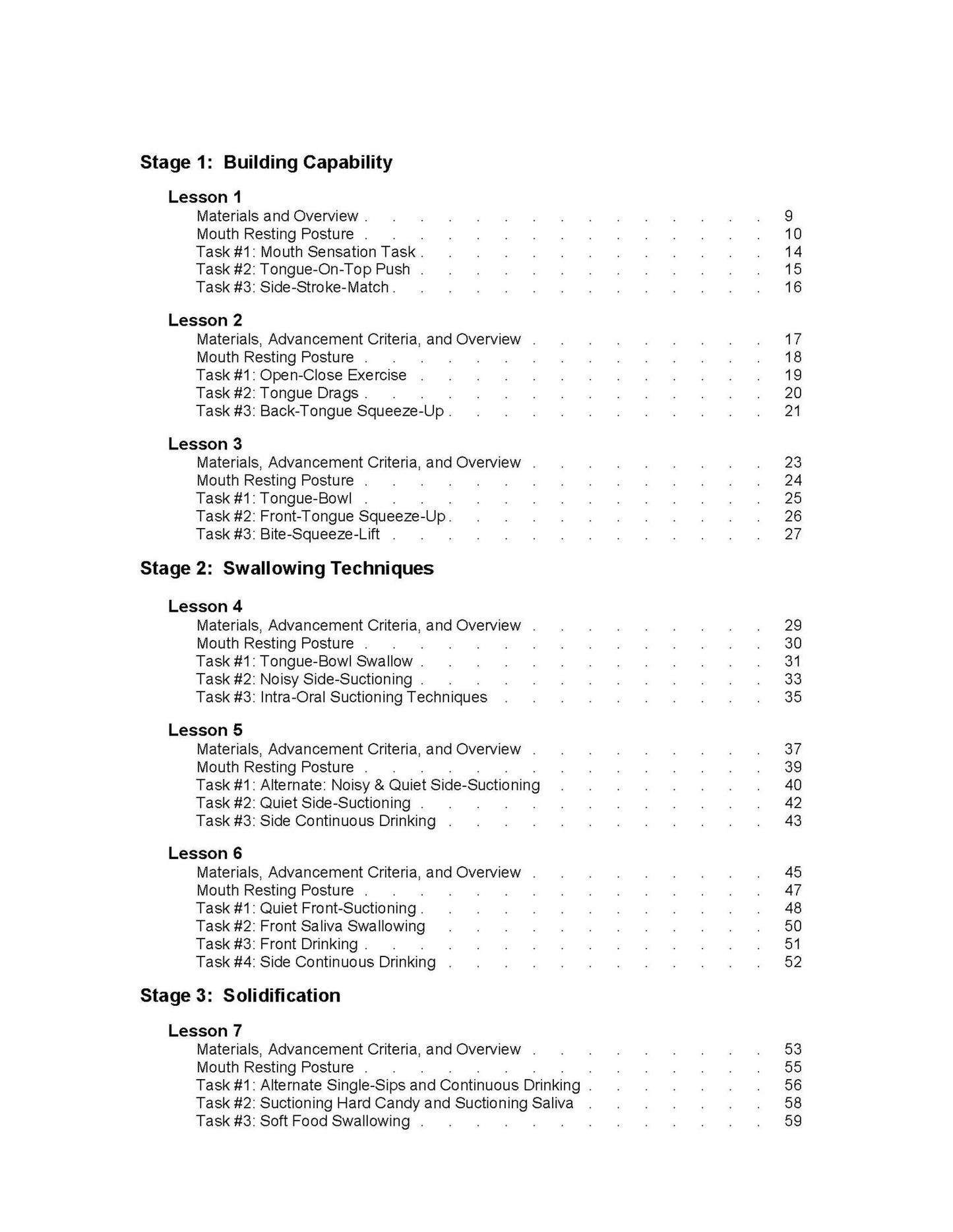 Swalloworks Therapy Program table of contents page