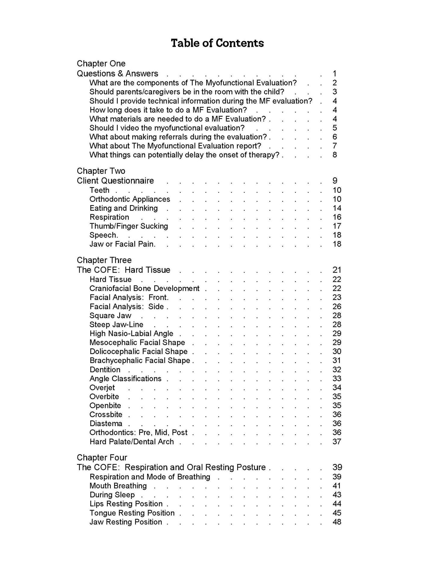 The Myofunctional Evaluation table of contents page