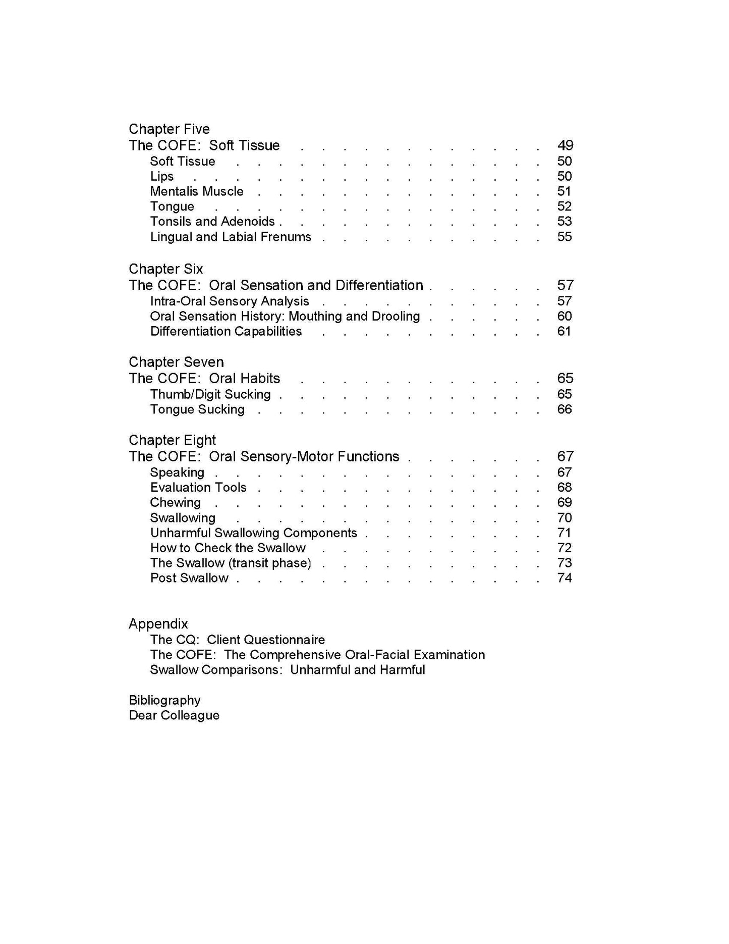 The Myofunctional Evaluation table of contents page